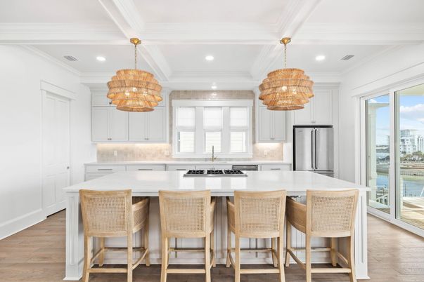 Chandelier, Interior, Kitchen, Pendant Lights, Recessed Lighting, Stainless Steel Appliances, Wood Texture Flooring