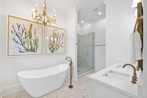 Bathroom, Chandelier, Dual Sink Vanities, Free Standing Baths, Glass Shower, Interior, Recessed Lighting