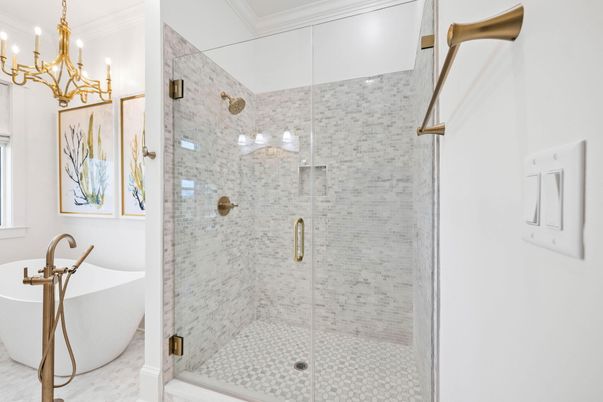 Bathroom, Chandelier, Free Standing Baths, Glass Shower, Interior, Marble Walls