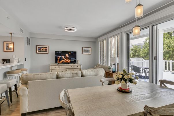 Dining room, Interior, Living room, Pendant Lights, Wood Texture Flooring