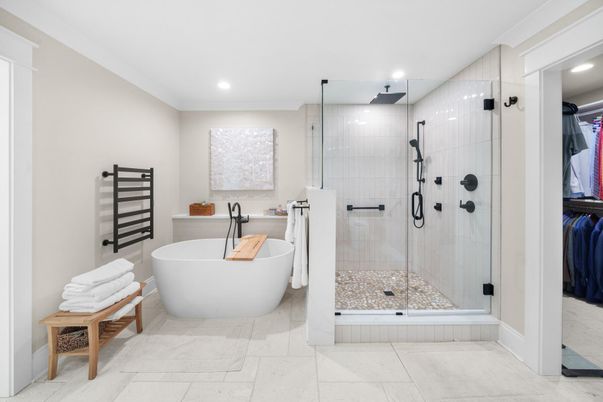 Bathroom, Free Standing Baths, Glass Shower, Interior, Recessed Lighting
