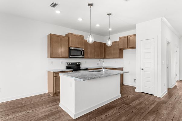 Interior, Kitchen, Pendant Lights, Recessed Lighting, Wood Texture Flooring