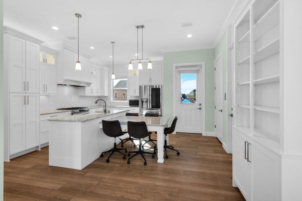 Interior, Kitchen, Pendant Lights, Recessed Lighting, Stainless Steel Appliances, Wood Texture Flooring