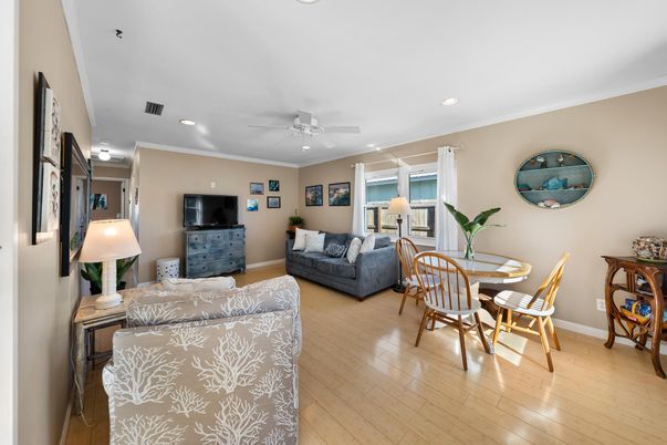 Dining room, Interior, Living room, Recessed Lighting, Wood Texture Flooring