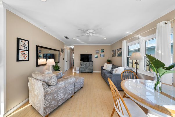 Dining room, Interior, Living room, Recessed Lighting, Wood Texture Flooring