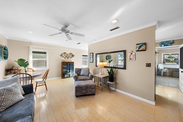 Dining room, Interior, Living room, Recessed Lighting, Wood Texture Flooring