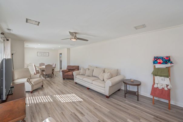 Dining room, Interior, Living room, Recessed Lighting, Wood Texture Flooring