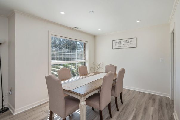 Dining room, Interior, Recessed Lighting, Wood Texture Flooring