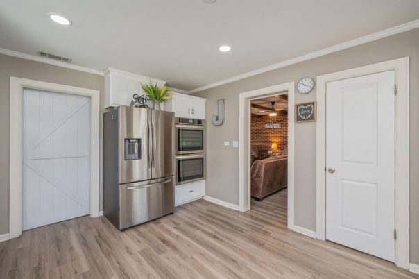 Interior, Kitchen, Recessed Lighting, Stainless Steel Appliances, Stone Walls, Wood Texture Flooring