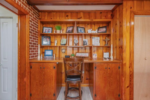 Home Office, Interior, Stone Walls, Wood Texture Flooring, Wooden Walls