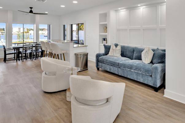 Dining room, Interior, Living room, Recessed Lighting, Water, Wood Texture Flooring