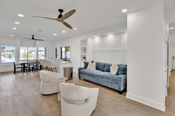 Dining room, Interior, Living room, Recessed Lighting, Wood Texture Flooring