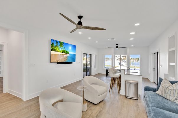 Dining room, Interior, Living room, Recessed Lighting, Water, Wood Texture Flooring