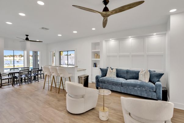 Dining room, Interior, Living room, Recessed Lighting, Wood Texture Flooring