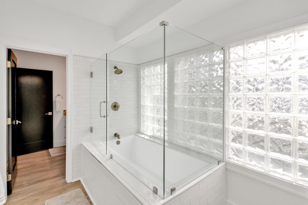 Bathroom, Glass Shower, Interior, Wood Texture Flooring