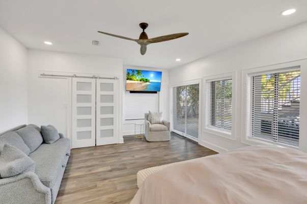 Bedroom, Interior, Recessed Lighting, Wood Texture Flooring
