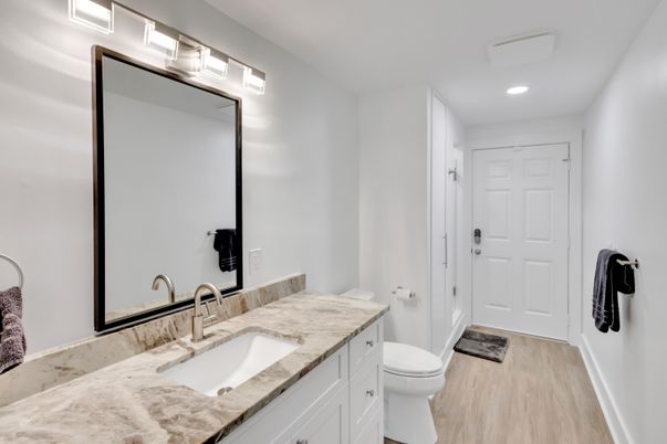 Bathroom, Interior, Recessed Lighting, Wood Texture Flooring