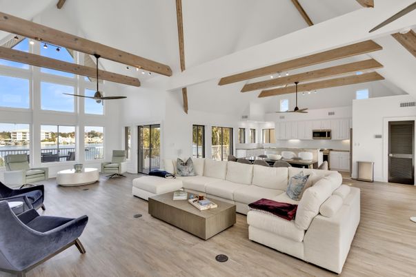 Interior, Kitchen, Living room, Pendant Lights, Recessed Lighting, Water, Wooden Beams, Wood Texture Flooring