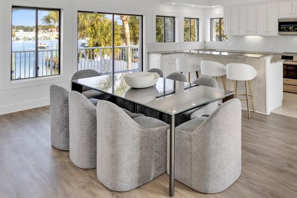 Dining room, Interior, Kitchen, Recessed Lighting, Water, Wood Texture Flooring