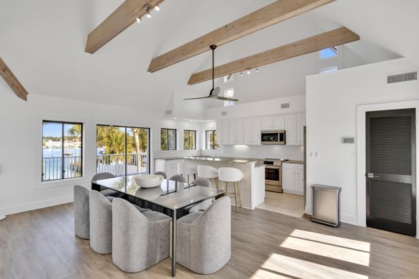 Dining room, Interior, Kitchen, Pendant Lights, Stainless Steel Appliances, Wooden Beams, Wood Texture Flooring