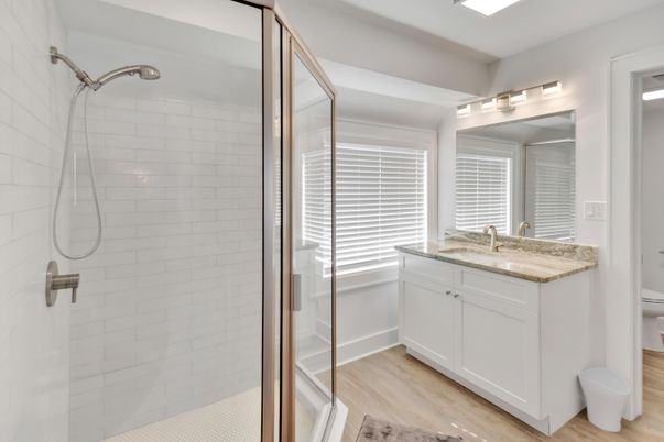 Bathroom, Glass Shower, Interior, Wood Texture Flooring
