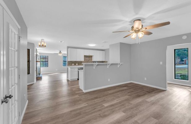 Empty room, Interior, Kitchen, Recessed Lighting, Wood Texture Flooring