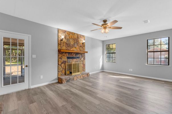 Empty room, Fireplace, Interior, Stone Walls, Wood Texture Flooring