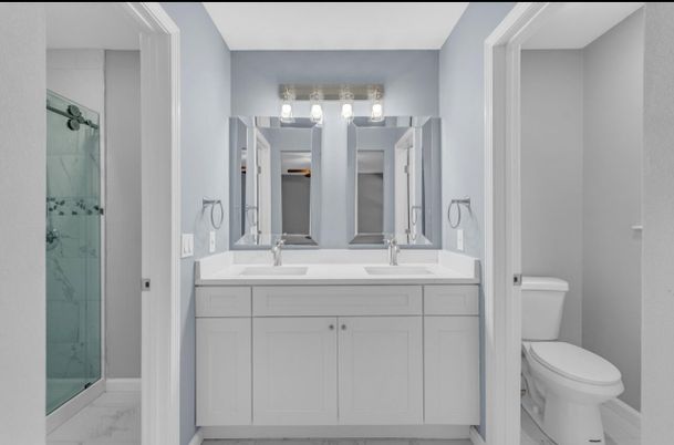 Bathroom, Dual Sink Vanities, Glass Shower, Interior, Marble, Marble Walls