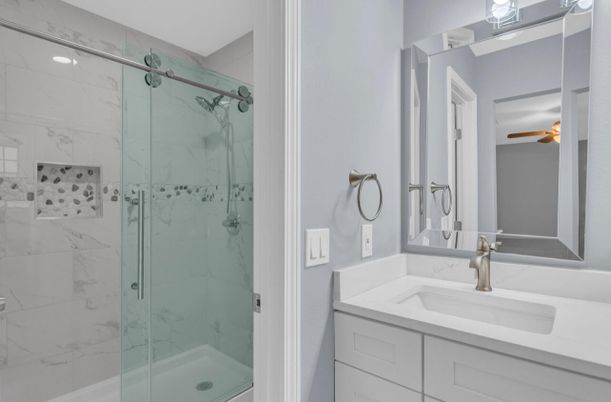 Bathroom, Glass Shower, Interior, Marble Walls