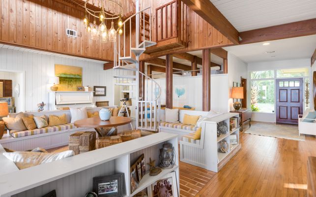 Interior, Living room, Recessed Lighting, Wooden Beams, Wood Texture Flooring
