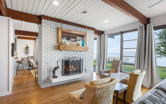 Fireplace, Interior, Recessed Lighting, Stone Walls, Water, Wooden Beams, Wood Texture Flooring