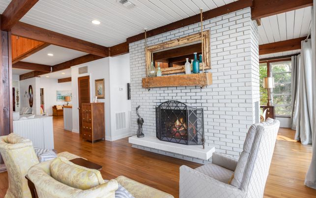 Fireplace, Interior, Recessed Lighting, Stone Walls, Wooden Beams, Wood Texture Flooring