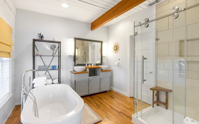 Bathroom, Free Standing Baths, Glass Shower, Interior, Recessed Lighting, Wooden Beams, Wood Texture Flooring