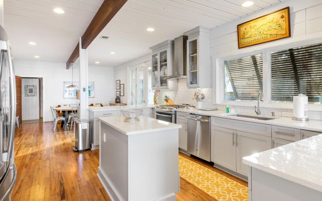 Dining room, Interior, Kitchen, Pendant Lights, Recessed Lighting, Stainless Steel Appliances, Wooden Beams, Wood Texture Flooring