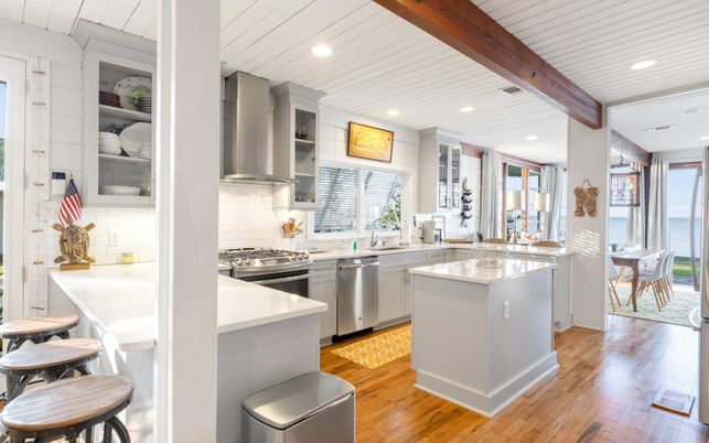 Interior, Kitchen, Recessed Lighting, Stainless Steel Appliances, Wooden Beams, Wood Texture Flooring