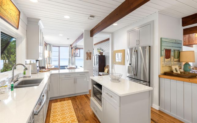 Interior, Kitchen, Recessed Lighting, Stainless Steel Appliances, Water, Wooden Beams, Wood Texture Flooring