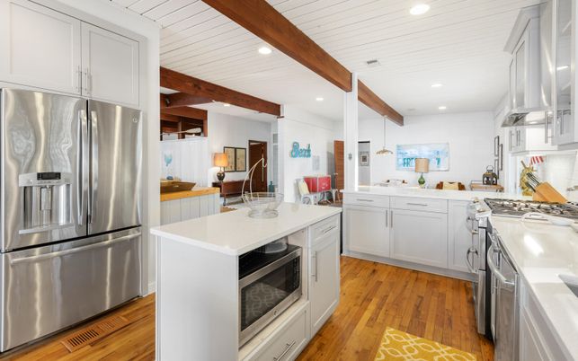 Interior, Kitchen, Recessed Lighting, Stainless Steel Appliances, Wooden Beams, Wood Texture Flooring