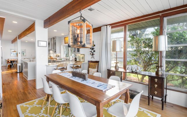 Dining room, Interior, Kitchen, Recessed Lighting, Wooden Beams, Wood Texture Flooring
