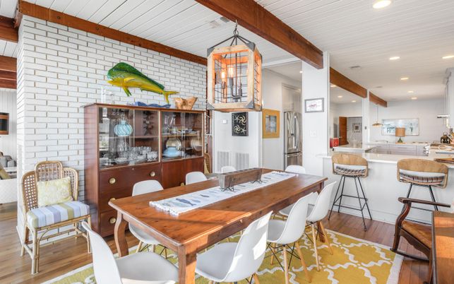Dining room, Interior, Kitchen, Recessed Lighting, Stone Walls, Wooden Beams, Wood Texture Flooring