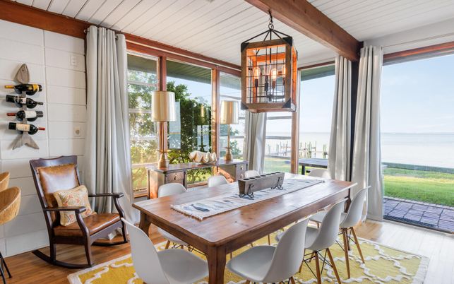 Dining room, Interior, Water, Wooden Beams, Wood Texture Flooring