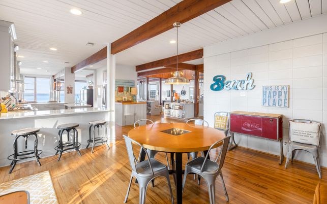 Dining room, Interior, Pendant Lights, Recessed Lighting, Wooden Beams, Wood Texture Flooring