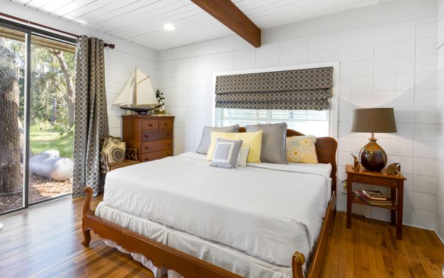 Bedroom, Interior, Recessed Lighting, Wooden Beams, Wood Texture Flooring