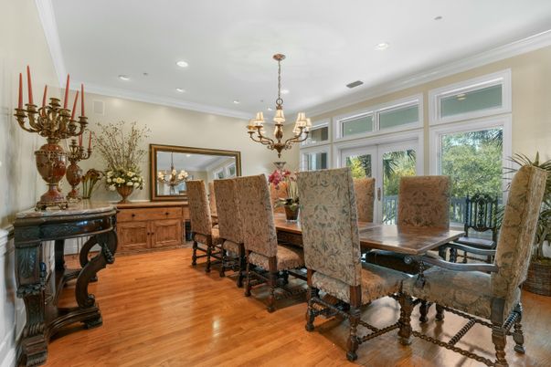 Chandelier, Dining room, Interior, Recessed Lighting, Wood Texture Flooring