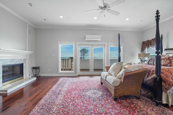 Bedroom, Fireplace, Interior, Living room, Recessed Lighting, Wood Texture Flooring