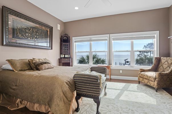 Bedroom, Interior, Recessed Lighting, Water, Wood Texture Flooring