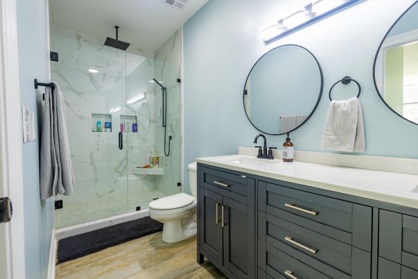 Bathroom, Glass Shower, Interior, Marble Walls, Wood Texture Flooring