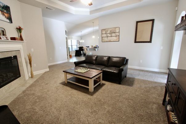 Fireplace, Interior, Kitchen, Living room, Pendant Lights