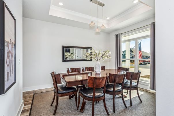 Dining room, Interior, Pendant Lights, Recessed Lighting, Wood Texture Flooring