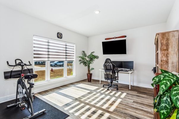 Fitness Equipment, Home Office, Interior, Recessed Lighting, Wood Texture Flooring