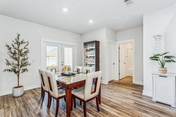 Dining room, Interior, Recessed Lighting, Wood Texture Flooring